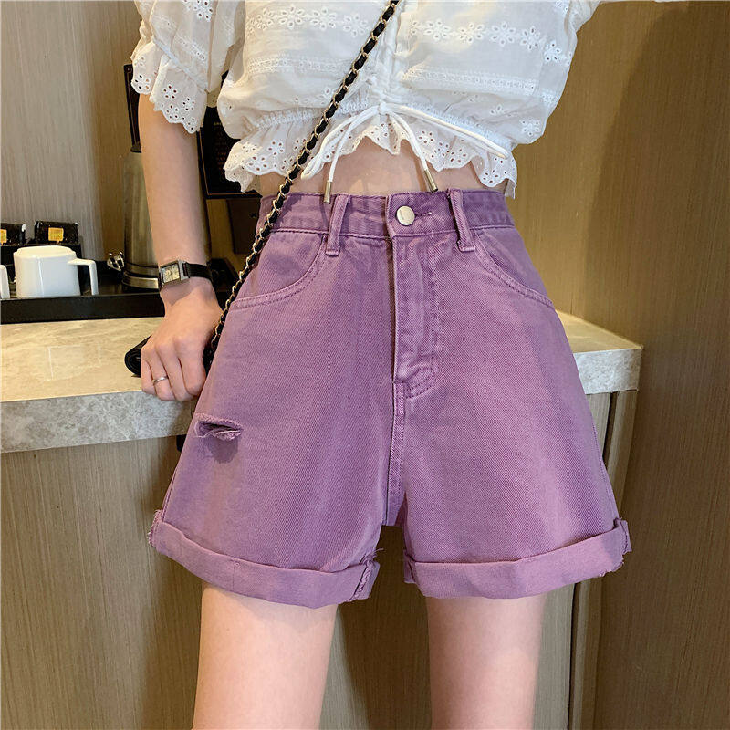 Quần Soóc Bò Mới Cho Nữ, Quần Denim Rách Lưng Cao Màu Tím Dáng Rộng Thường Ngày Mùa Hè Cho Nữ Quần Soóc Bò Học Sinh