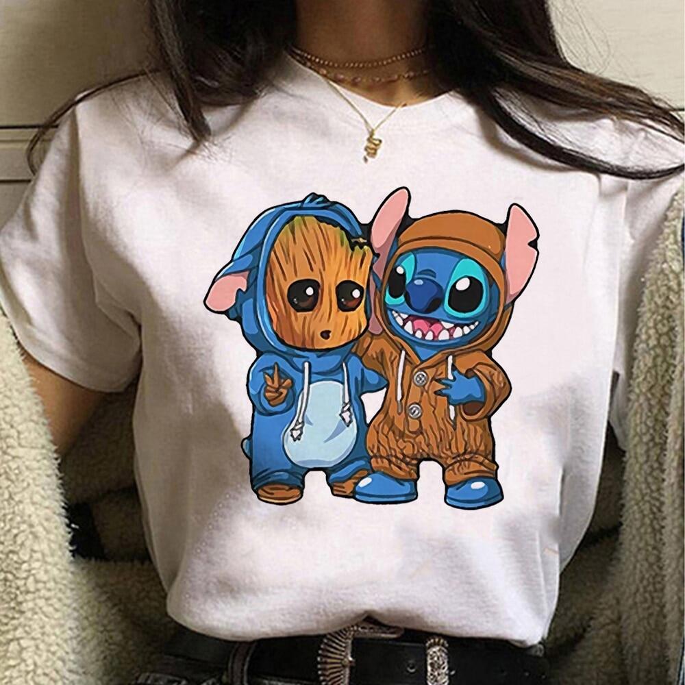 Disney Stitch Và Groot T Áo Sơ Mi Cho Phụ Nữ Dễ Thương in hình vui nhộn Instagram Quần Áo Mùa Hè T-Shirts Thời Trang Áo phông kiểu Harajuku Femme Áo Sơ Mi