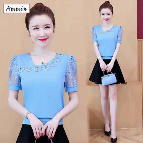 AMMIN áo thun ngắn tay size M-4XL mặc thường ngày áo thun vải voan cổ chữ V thời trang mùa hè đục lỗ dáng ôm cỡ lớn phong cách Hàn Quốc - INTL