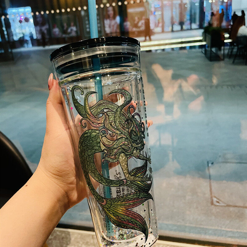 Starbuck Cup, Cốc Ống Hút Thủy Tinh Hai Lớp Đính Kim Sa Nàng Tiên Cá 2020 Uống Cup, 591Ml