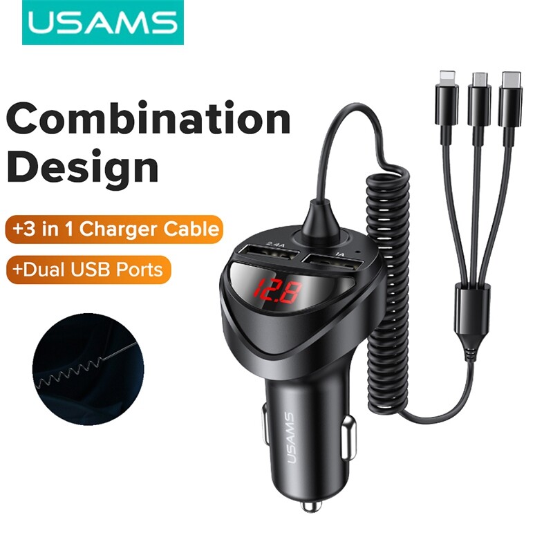 USAMS Car Charger Dual USB With 3IN1 Stretchable Spring Charging Cable  For Cars With  3.4A  12V-24V Voltage Input