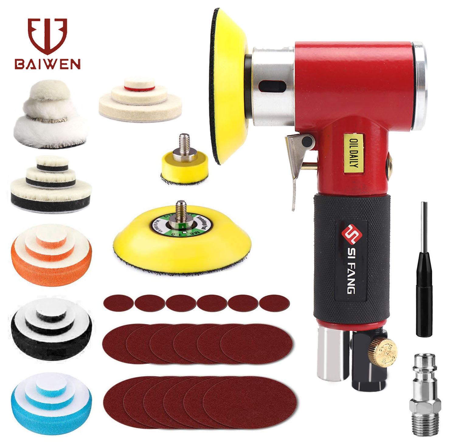 BAI WEN Máy Chà Nhám Quỹ Đạo Mini 1 2 3 Inch 48 Chiếc Máy Mài Đánh Bóng Bằng Khí Nén Màu Đỏ, Máy Đánh Bóng Góc Phải Với Miếng Đánh Bóng Bộ Đánh Bóng Bọt Biển Đối Với Xe