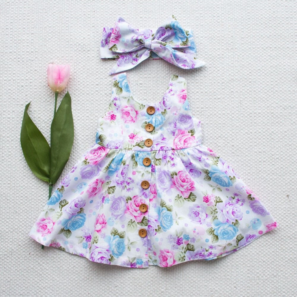 Songkran Baby girl Dresses Kids Dress Baby Girls Clothing Sleeveless Dress Summer Floral A-Line Botton Dress and Headband ราคา 169 บาท*ส่งฟรี