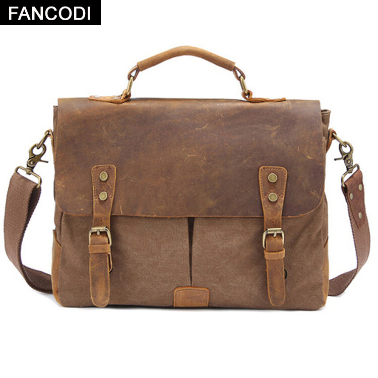 FANCODI Fashion Vintage Men Military Canvas Leather Briefcase Messenger