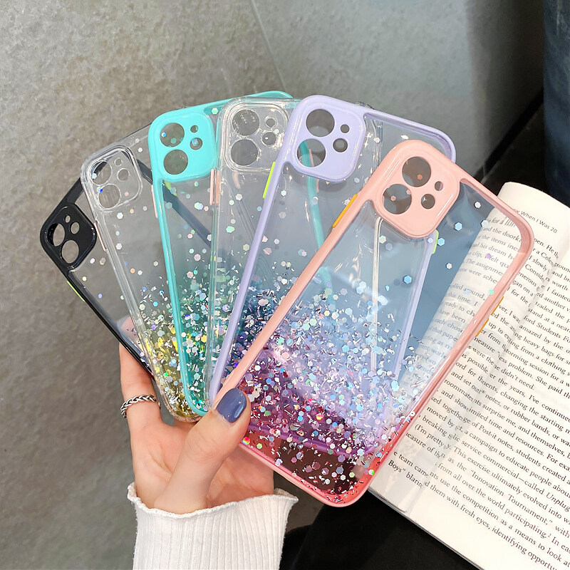 CrashStar Gradient Glitter Bling Hard Clear เคสโทรศัพท์สำหรับ iPhone 12 11 Pro Max Mini XS XR X 8 7 6 6S Plus 10 + SE 2020ทึ่คลุมโทรศัพท์ใสพร้อมคลุมทั้งหมดเลนส์ป้องกันเคสโทรศัพท์ขายดี