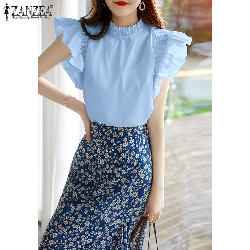 Zanzea áo nữ cổ tròn tay ngắn xếp nếp xếp nếp áo kiểu công sở nữ trơn #11