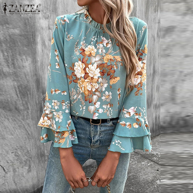 Zanzea áo kiểu nữ áo chui đầu tay loe đa năng cổ tròn nhún bèo đi biển ngày lễ #15