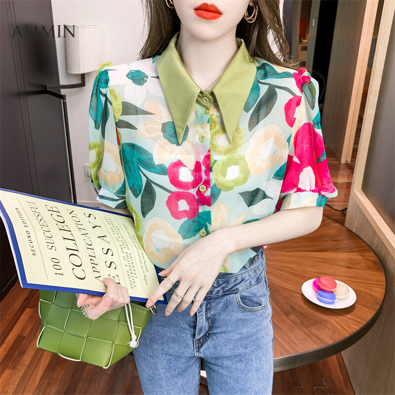 AMMIN Áo 2021 Mùa Hè Phong Cách Mới Thiết Kế Cá Tính Áo Cánh Nữ Cổ Đứng Kiểu Pháp Áo Voan Ngắn Tay Ống Tay Phồng In Hoa In Retro