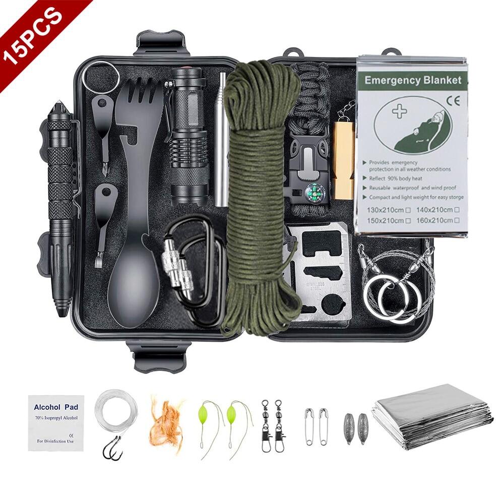 15 IN 1 Survival Kit Set Camping Travel Multiftion Tactical Defense