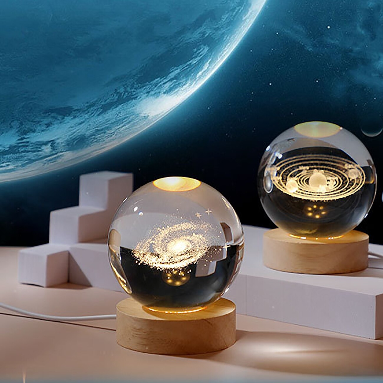 Quả cầu pha lê laser 3d dòng vũ trụ với đế đèn led đèn ngủ nhỏ trang trí bàn phòng ngủ để bàn quà tặng sinh nhật