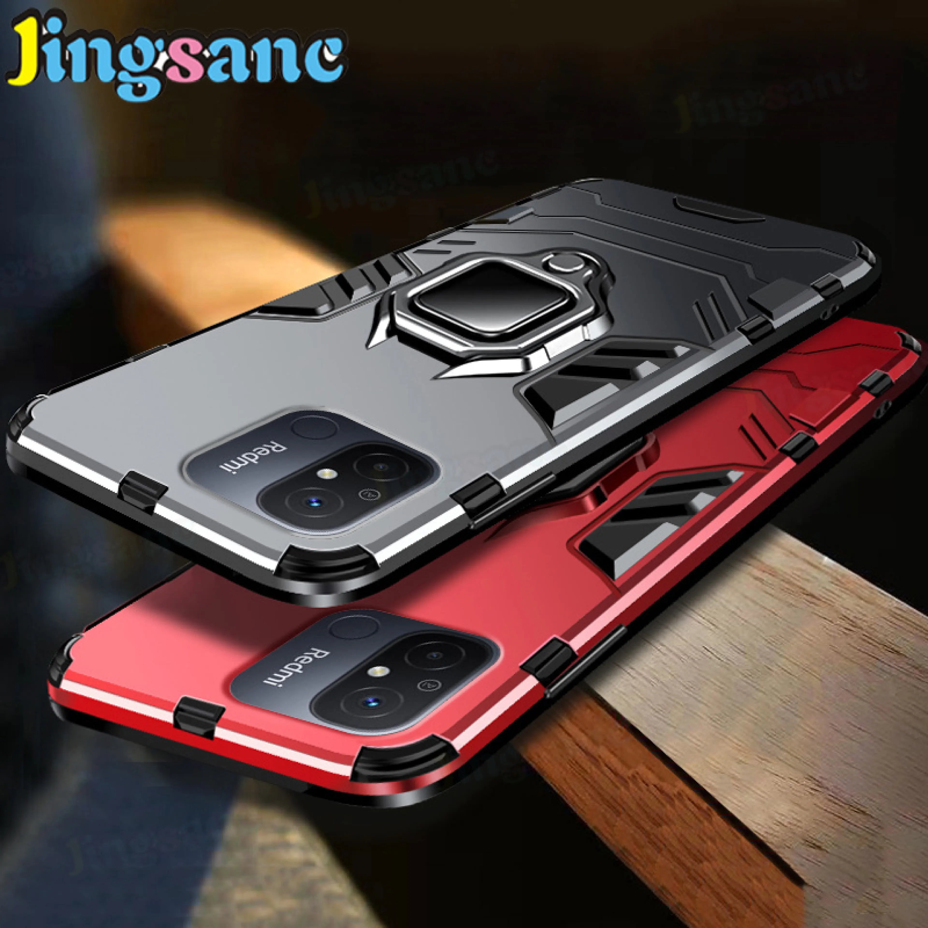 Jingsanc For Redmi 12C Case Shockproof Casing With 360 Rotating Car Holder Adsorption Hard PC+Soft Silicone Frame Protection Back Cover redmi 12c