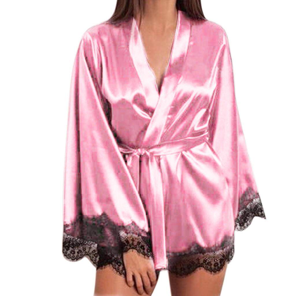 Malonestore ผู้หญิงซาตินชุดนอนผ้าไหมลูกไม้ Nightgown ชุดนอนเสื้อคลุมสวย