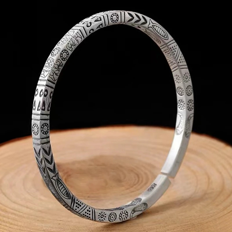 Boho Copper Carved Fish Sleeve Totem Bangles Bracelet Mobius Women Men Square Hand Armband Cuff Bracelets Casual Vintage Jewelry