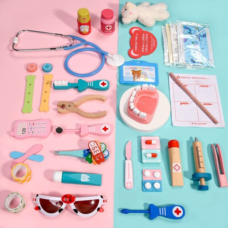 Doctor Toys Kids Wooden Pretend Play Kit Games For Girls Boys Red Medical Dentist Medicine Box Cloth Bags For Children Set Gifts