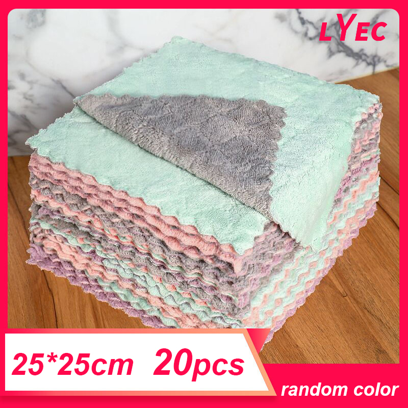 10 chiếc/20 chiếc khăn lau nhà bếp vải polyester 25x25cm khăn lau nhà bếp bền thấm hai mặt dày không dầu để bàn giẻ lau màu sắc ngẫu nhiên