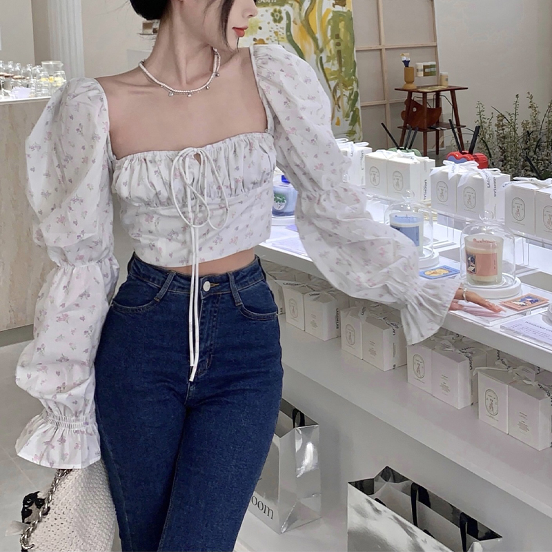 Beautifultime Áo Hở Eo Nữ Áo Cánh Ngắn Retro In Hoa Xếp Nếp Cổ Vuông Tay Phồng
