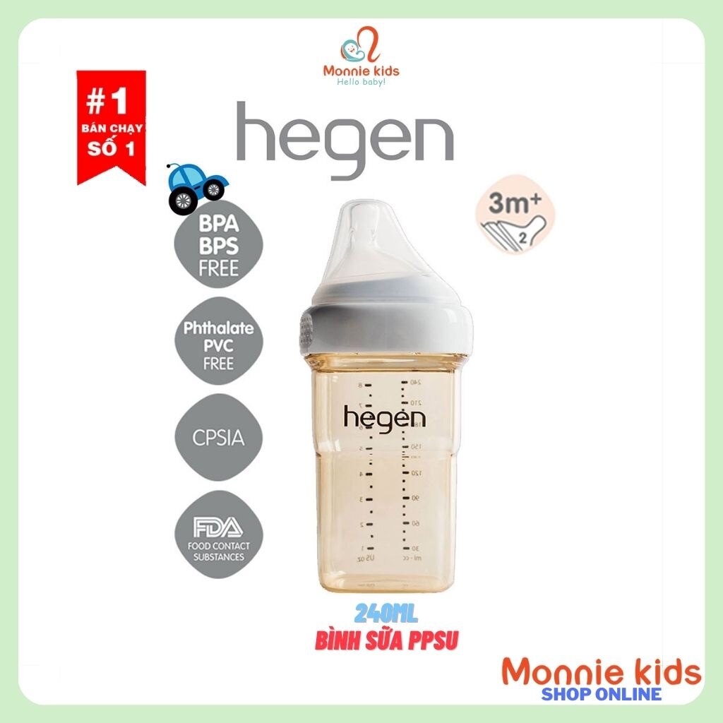 Bình sữa cho bé hegen ppsu 240ml núm số 2, bình sữa trẻ em cao cấp 3m+, bình sữa em bé