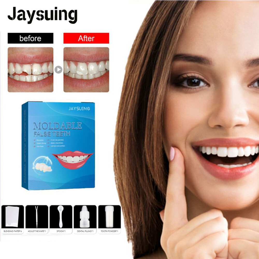 Jaysuing gel răng rắn bộ dụng cụ sửa răng tạm thời thay thế răng giả bị thiếu tự làm keo dán răng giả chất liệu làm đầy bộ keo dán răng giả thay thế