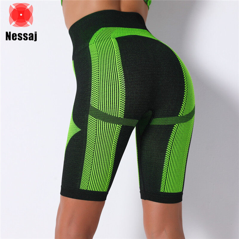 Quần Soóc Không Đường May Cạp Cao Nessaj, Dành Cho Nữ Quần Yoga Thể Thao Chạy Bộ Tập Thể Dục Sọc Quần Legging Bó Sát Cho Nữ
