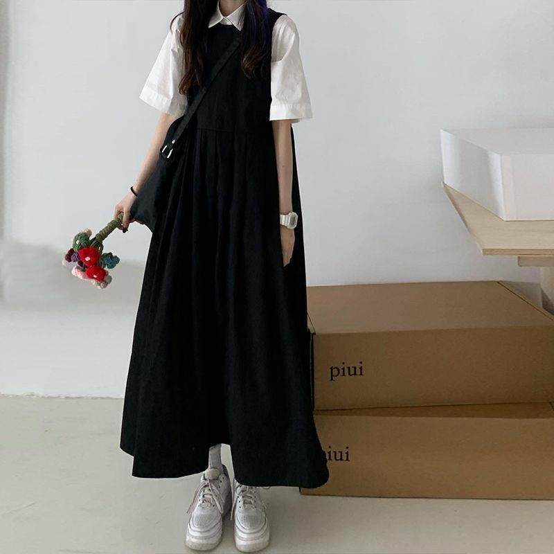 [Two sides can be worn] Korean style Japanese style mid-length suspender dress female student suspender dress summer one-piece suit