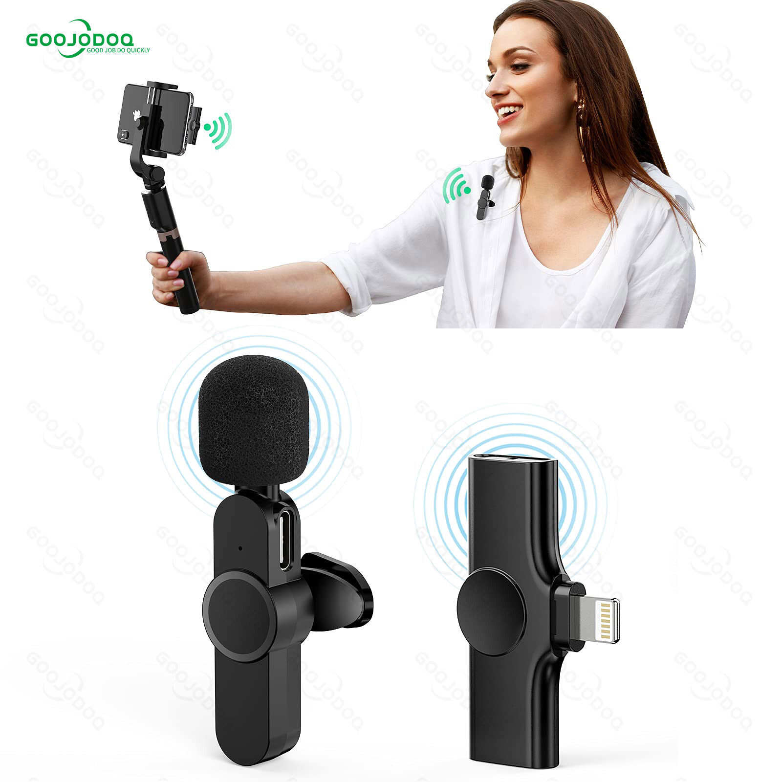 GOOJODOQ Wireless Lavalier Microphone Portable 2 Gen Remove Noise Mini Mic Lapel for Android Phone Live Broadcast ราคา 399 บาท*ส่งฟรี