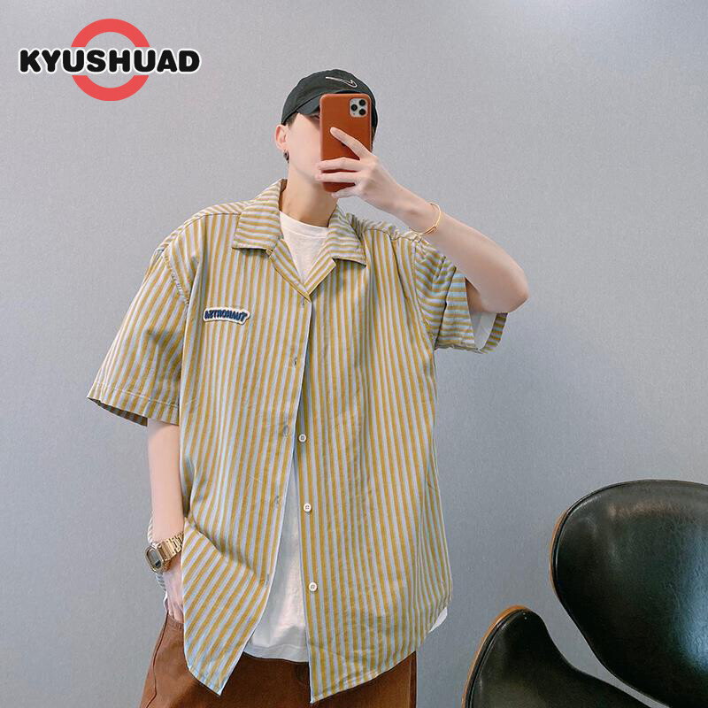 Kyushuad áo sơ mi nam kẻ sọc dọc cổ cuba có tay ngắn áo sơ mi lười biếng ngắn tay dáng rộng áo sơ mi ngắn tay thường ngày cho nam
