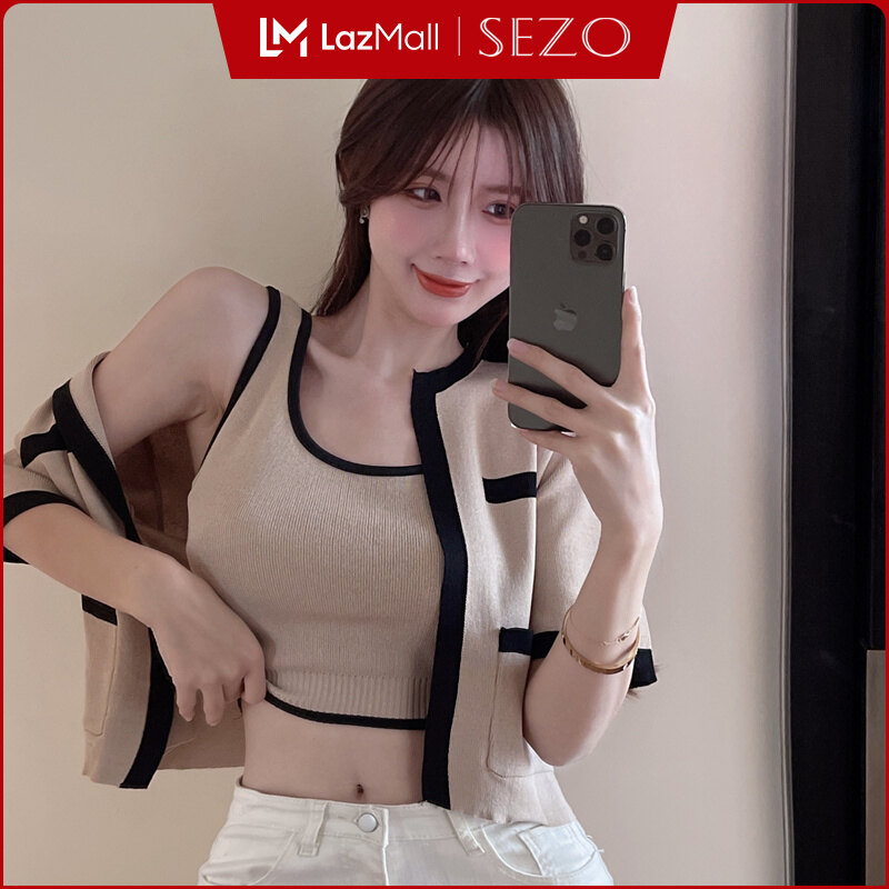 SEZO Áo Yếm Dệt Kim Hàn Quốc Cho Nữ + Áo Cardigan Ngắn Tay Bộ Hai Mảnh Cho Nữ