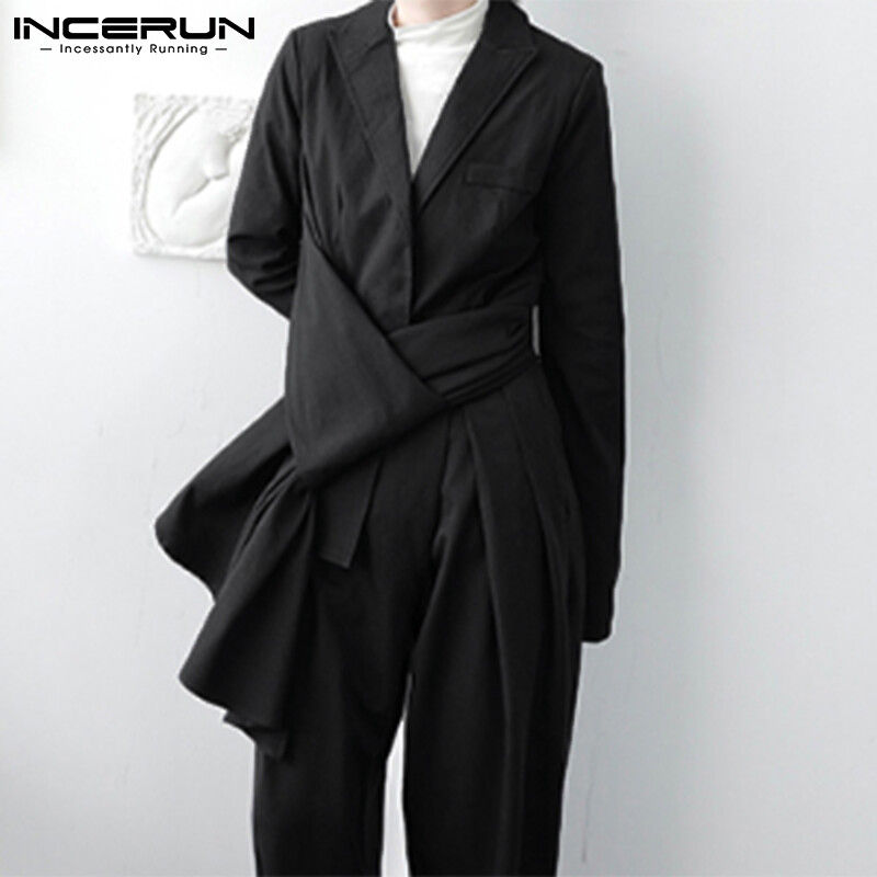 (Phong Cách Hàn Quốc) INCERUN Áo Khoác Nam Viền Bất Đối Xứng Áo Blazer Áo Mặc Đi Bộ Đường Phố Dài Tay Áo Trơn Đi Tiệc