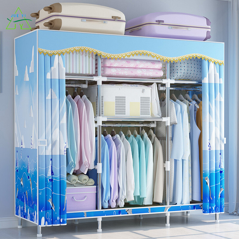 Ks tủ quần áo đơn giản tủ quần áo vải oxford bằng gỗ nguyên miếng 1.5 mét tủ đựng đồ lắp ráp hiện đại đơn giản và tiết kiệm