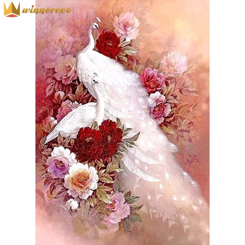 Tranh đính đá vuông tự làm 5d bộ thêu chữ thập hình con công màu trắng