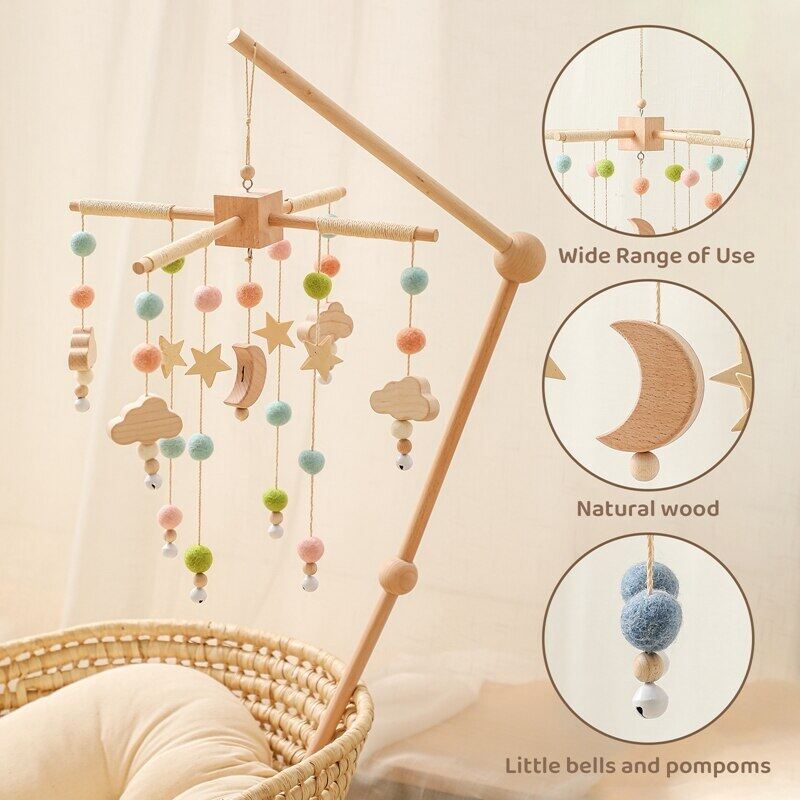 0 -12 Tháng Bé Rattle Nôi Di Động Đồ Chơi Sao Trăng Bằng Gỗ Giường Chuông Nhạc Hộp Hairball Bắc Âu Treo Trang Trí Nội Thất Phụ Kiện Quà Tặng