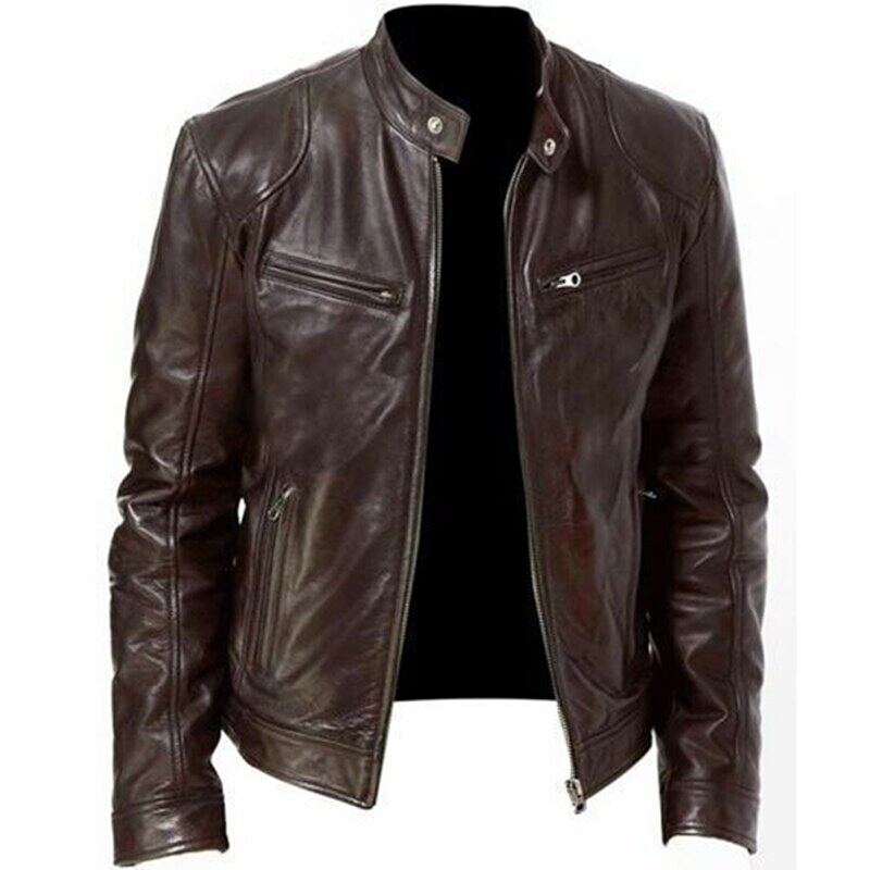 Male PU Leather Jacket New Black Brown Mens Stand Collar Coats Motorcycle