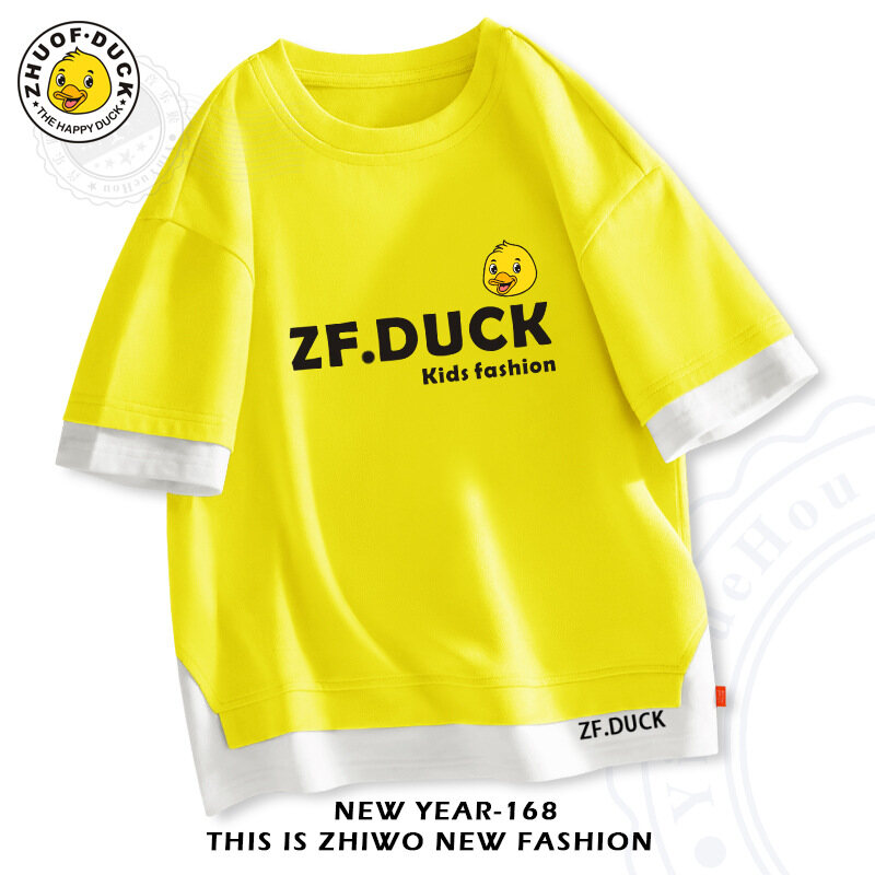 ZF.DUCK Cartoon T-shirt for Boys Girls Children's Summer Short-sleeved Drop-shoulder T-shirt Fake Two Pieces of Clothing Loose Half-sleeve 0000 - 4
