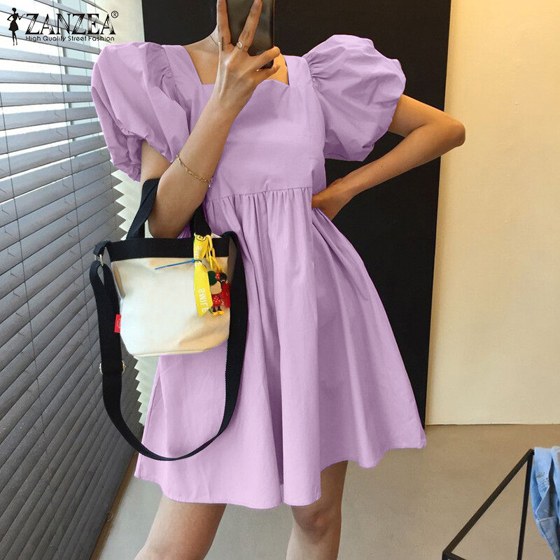 Zanzea đầm mini dáng chữ a màu trơn phong cách hàn quốc cho nữ đầm dáng rộng tay phồng mùa hè