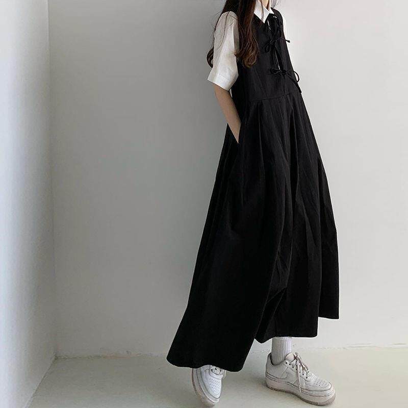 [Two sides can be worn] Korean style Japanese style mid-length suspender dress female student suspender dress summer one-piece suit