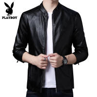 PLAYBOY Mens Leather Coat Slim Korean Style Handsome Leather Jacket Male Brushed And Thick Locomotive Youth Autumn And Winter Trend Coa（M-4XL）