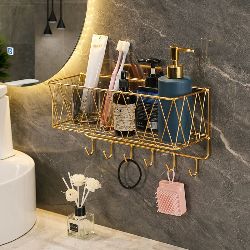 Giá để đồ gắn tường phòng tắm sang trọng giỏ đựng mỹ phẩm bằng sắt có móc treo phụ kiện phòng tắm nhà bếp