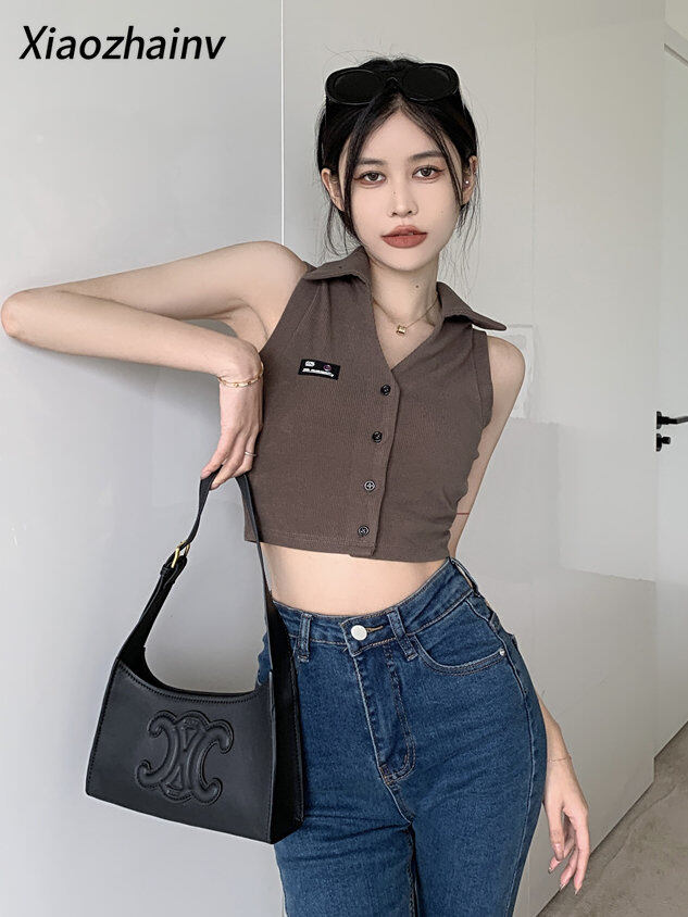Xiaozhainv áo ba lỗ nhỏ kiểu dáng cổ điển có ve áo màu trơn cho nữ