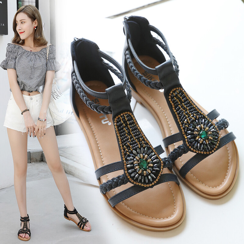Thiết Kế Quai Sandal Đá Quý Chiếu Trúc Hạt Mềm Dây Kéo Phẳng Gót Thấp Nữ Ăn Tối Flatshoes