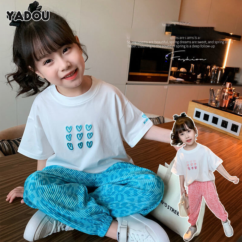 Yadou bộ đồ bé gái cotton áo thun ngắn tay cho bé gái quần chống muỗi bộ đồ thể thao trẻ em hai món