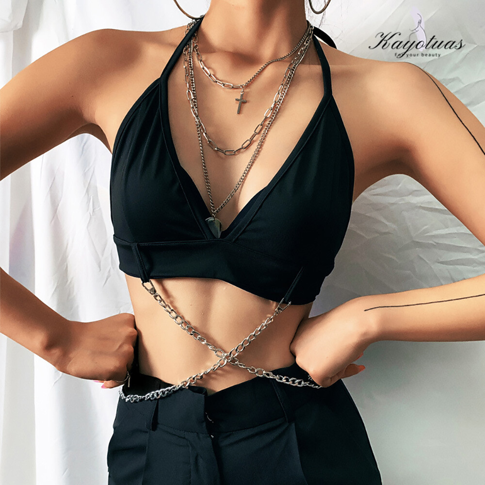 Yếm Nữ Kayotuas, Áo Hở Eo Hở Lưng Cổ Chữ V Không Tay Buộc Dây Áo Thun Kim Loại Có Dây Xích Chữ Thập