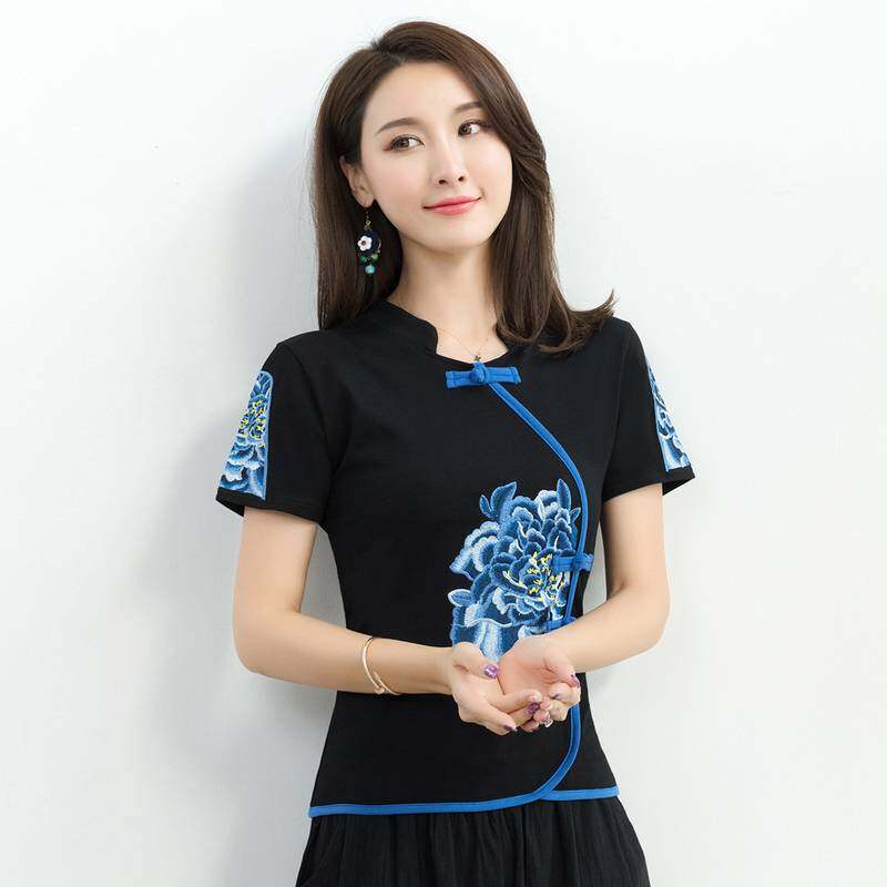 Áo thun nữ cá tính cổ điển phong cách trung quốc chic phong cách dân tộc xanh dương và trắng mùa hè thêu ngắn tay bộ đồ kiểu xường xám