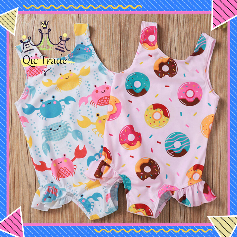 Summer Kids Swimsuit Cartoon Crab Donut Printing Breathable Quick-drying Swimwear For 0-3 Years Old Girls
