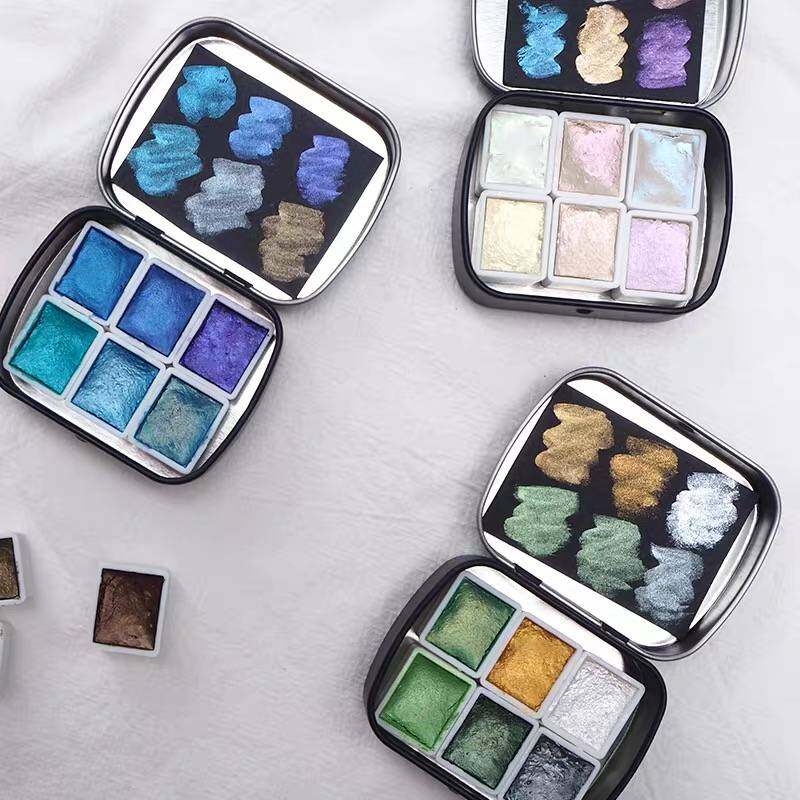 POEZIE 6 Colors Solid Metallic Watercolor Paint Set 2ml Glitter Water Color With Tin Box For Painting Aquarela Art Supplies