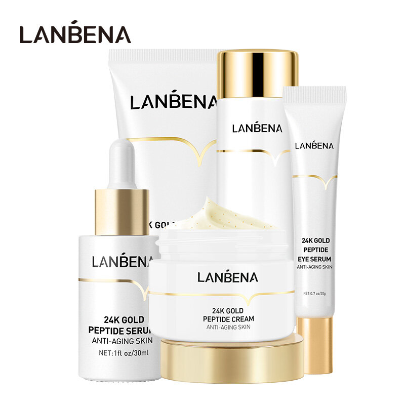 LANBENA Bộ 5 món sản phẩm dưỡng da chống lão hóa chiết xuất từ vàng 24K gồm sữa rửa mặt làm sáng da