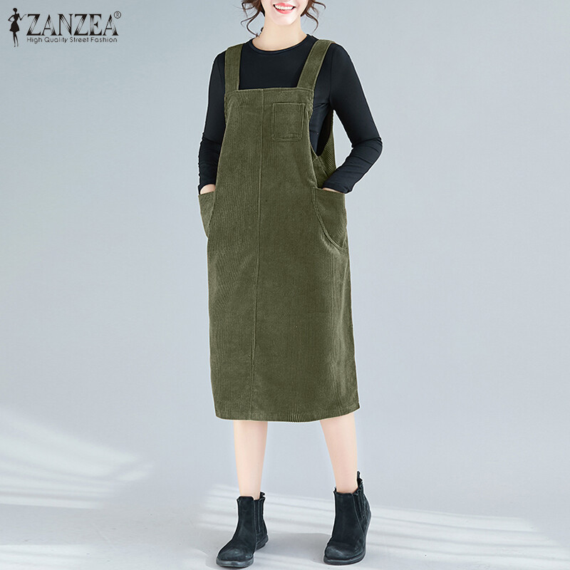 Zanzea đầm yếm yếm vải nhung kẻ cho nữ đầm xòe không tay cho nữ
