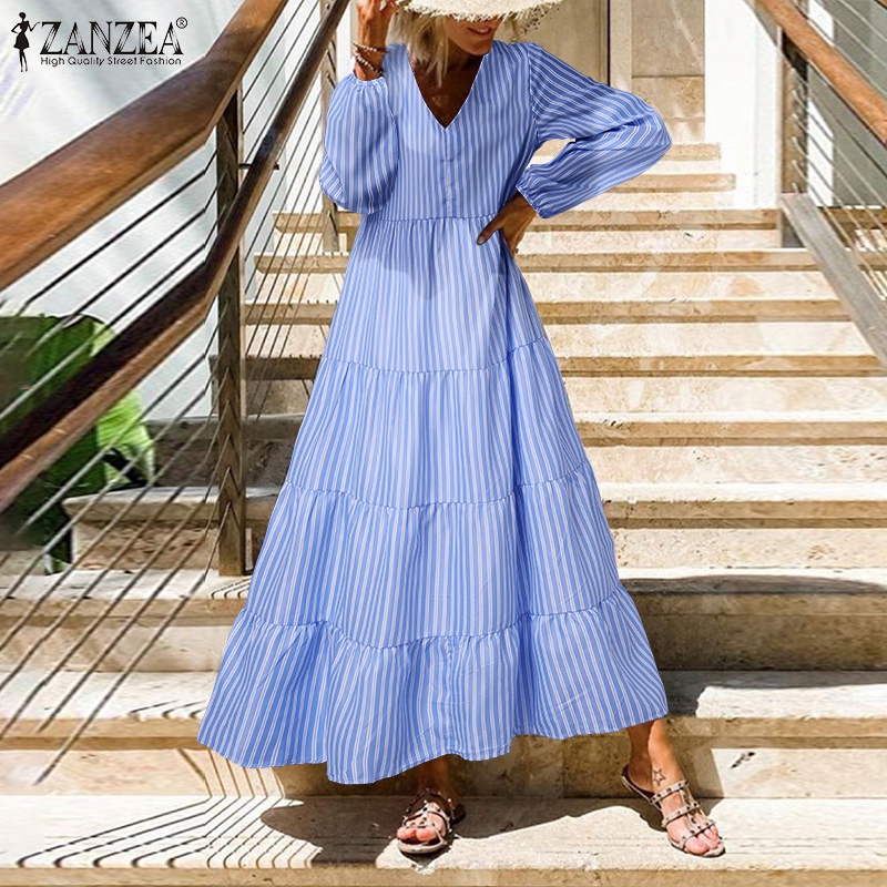 Zanzea đầm nữ dài tay dáng rộng thường ngày, đầm maxi xếp tầng kẻ sọc dự tiệc cổ chữ v cle