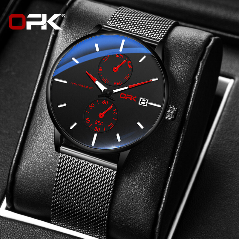 Opk New Mens Watch on Sale Relo Water proof Original Mesh Steel Belt Fashion Multifunctional Casual Quartz Watch Calendar Luminous Display