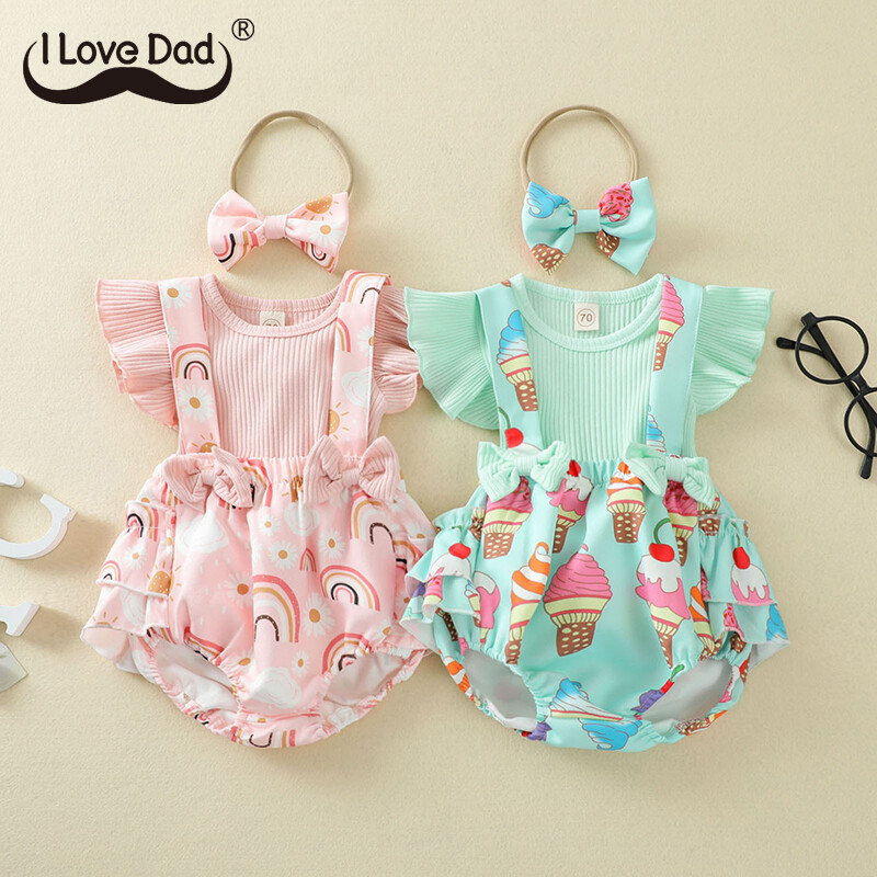 Bộ 3 món áo liền quần + áo phông + băng đô nơ cho trẻ sơ sinh áo liền quần có dây đeo hoạt hình bộ quần áo cotton cho trẻ sơ sinh trẻ tập đi