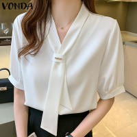 VONDA Womens Korean Style V Neck Tie Collar Blouse Short Sleeve Solid Color Elegant Casual Shirts Comute Daily Wear